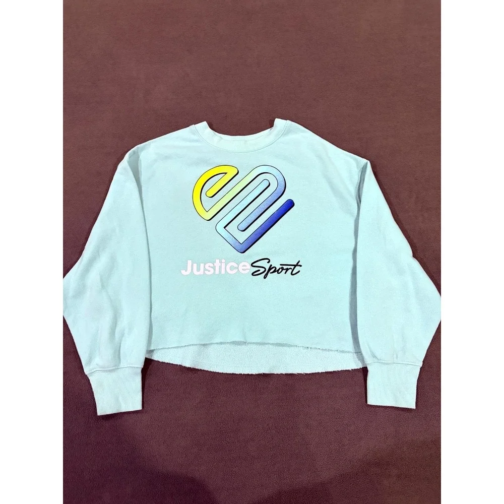 Justice I am the Heart Cropped Sweatshirt Girls M (10) Aqua Fleece Lined Graphic